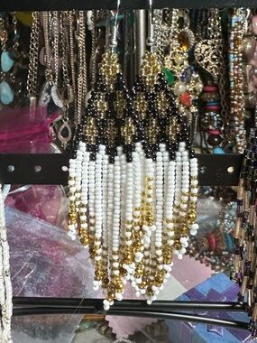 Handmade Beaded Fringe Earrings - White, Gold & Black